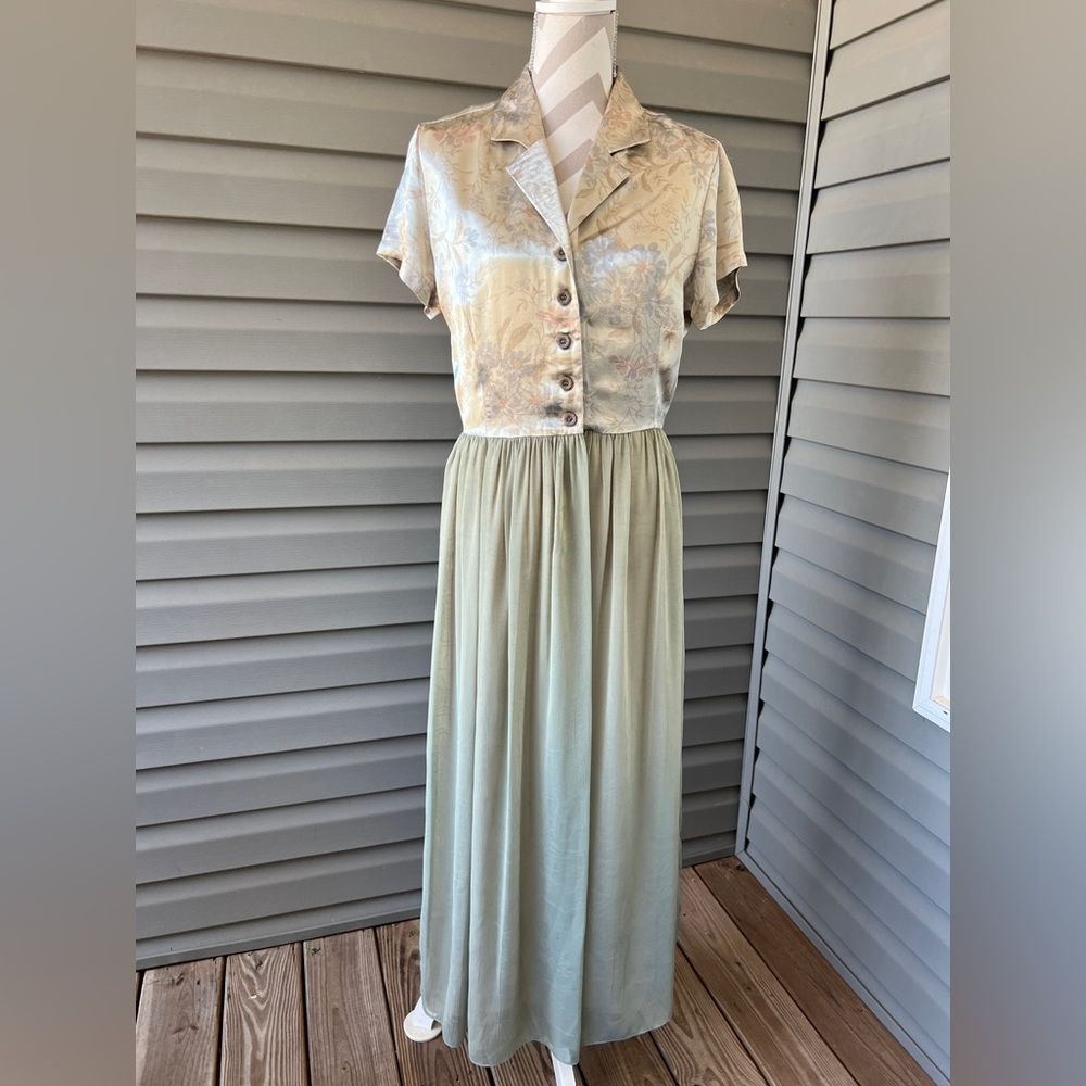 Bonnie Strauss Vintage 80s Satin Button Front Shirt Chiffon Dress With Slip Sz 8